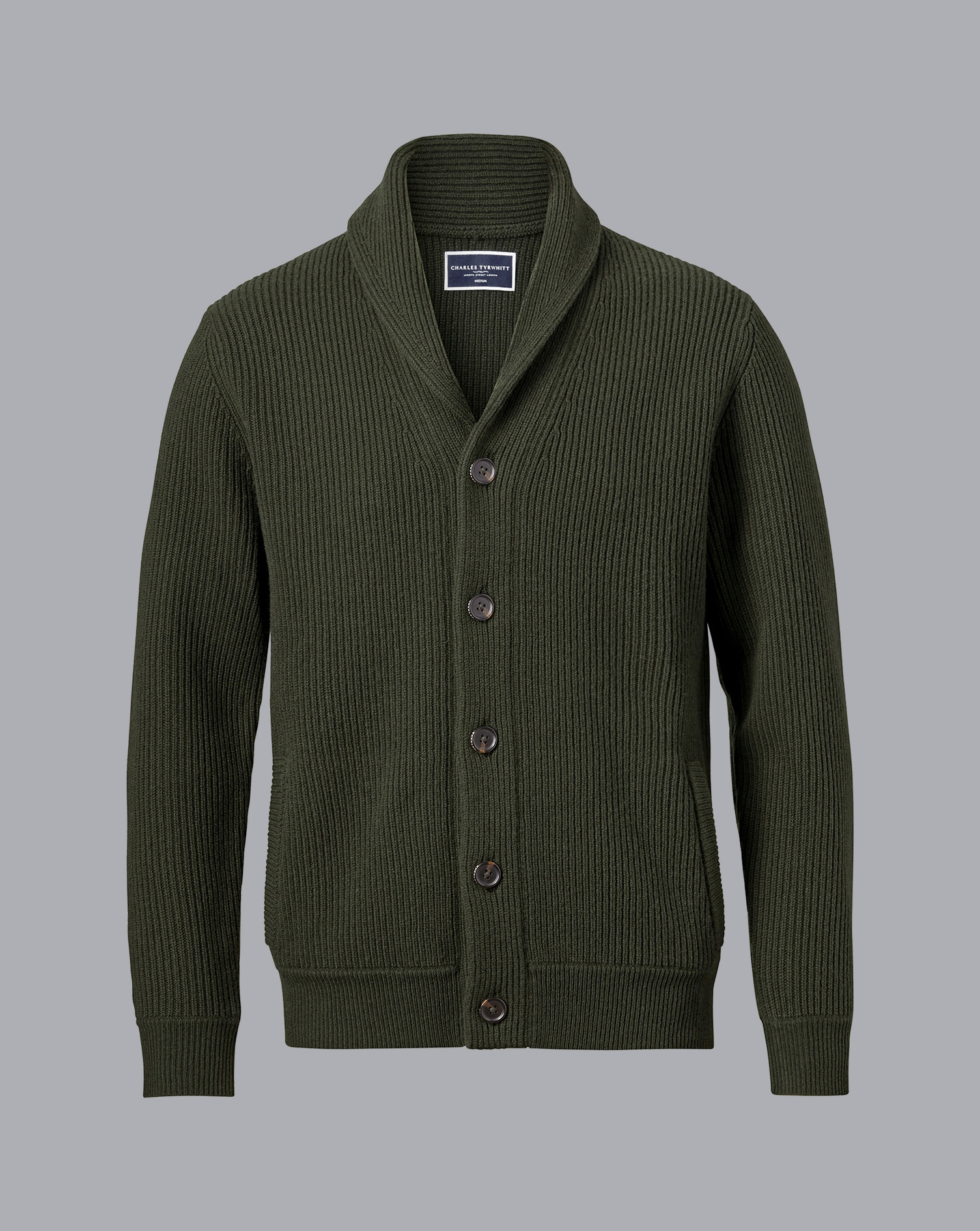 Merino Chunky Shawl Neck Cardigan - Dark Olive