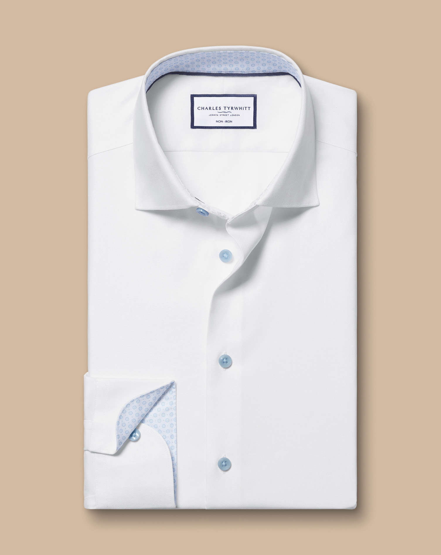 Semi-Cutaway Non-Iron Collar Twill Shirt with Printed Trim - White