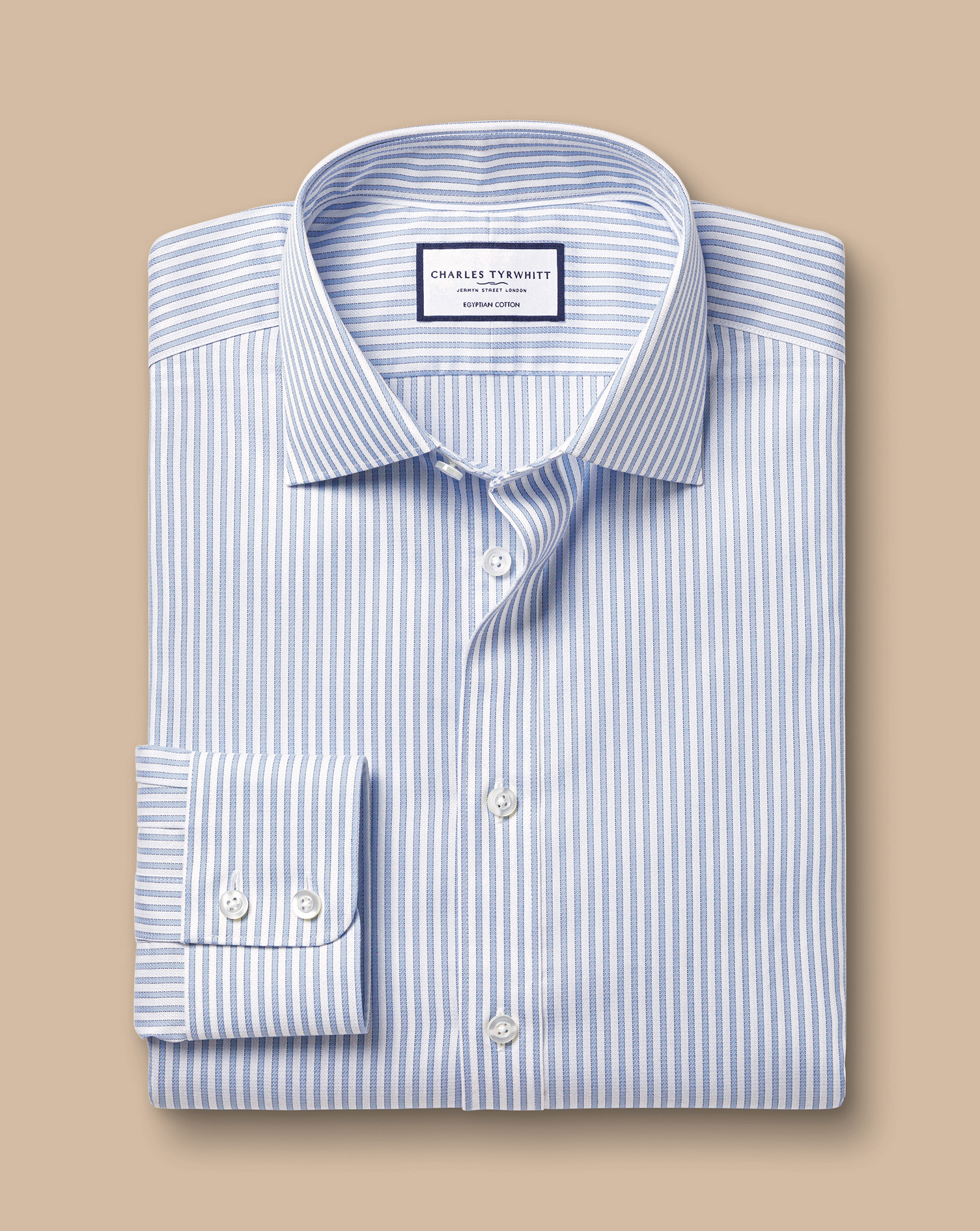 Semi-Cutaway Collar Egyptian Cotton Stripe Shirt - Sky Blue