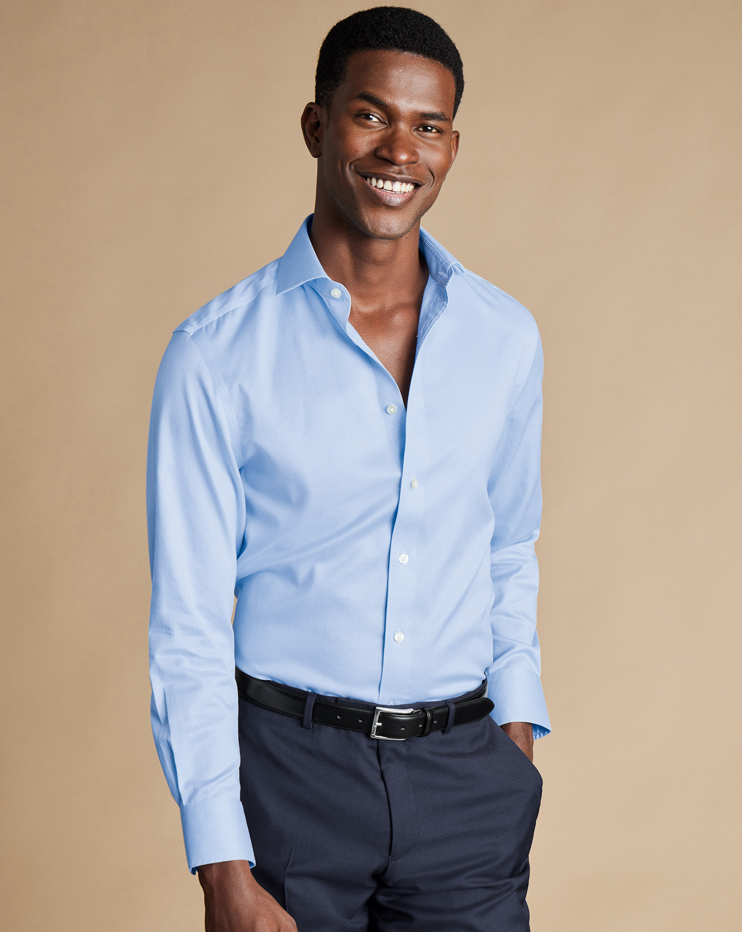 Cutaway Collar Non-Iron Puppytooth Shirt - Sky Blue