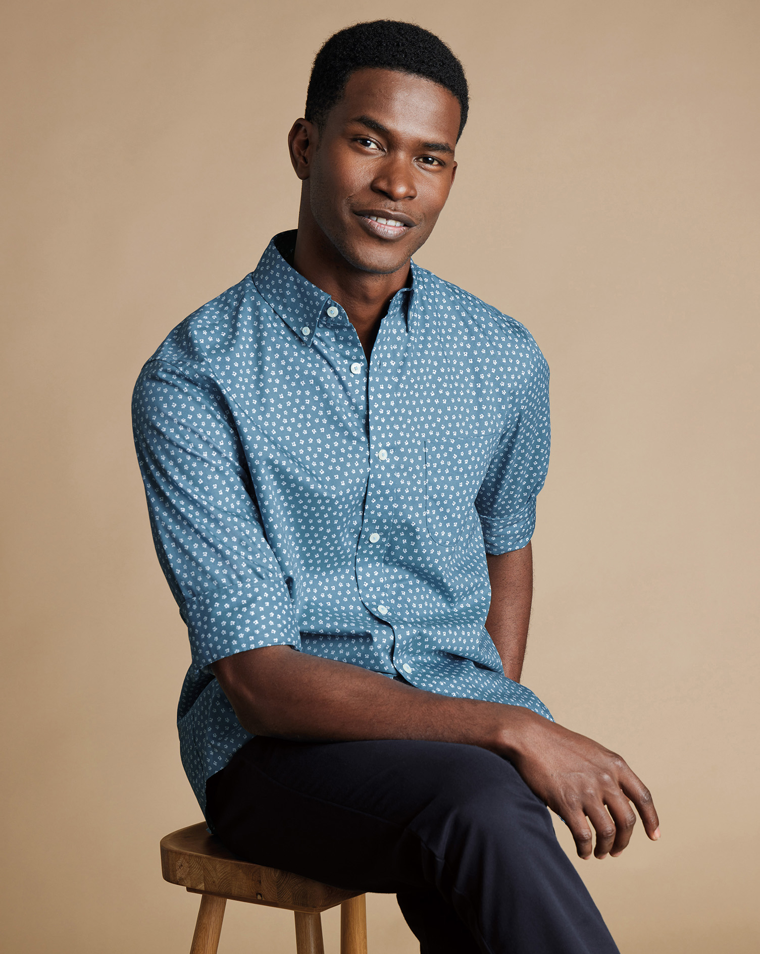 Button-Down Collar Non-Iron Stretch Floral Print Shirt - Mid Blue