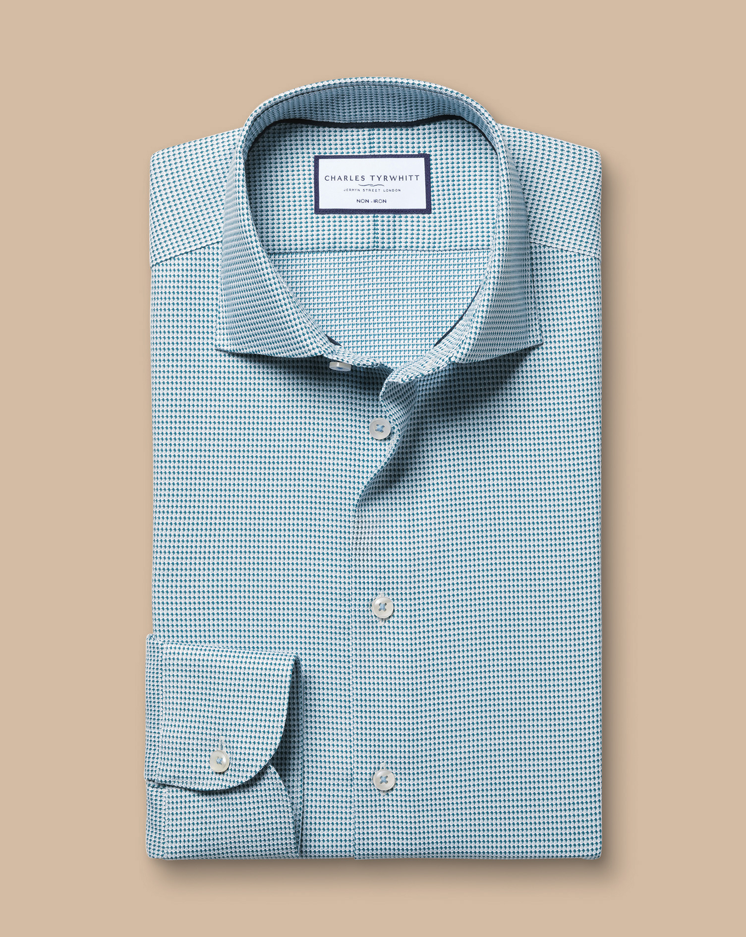 Semi-Cutaway Collar Non-Iron Stretch Texture Geometric Shirt - Teal Green