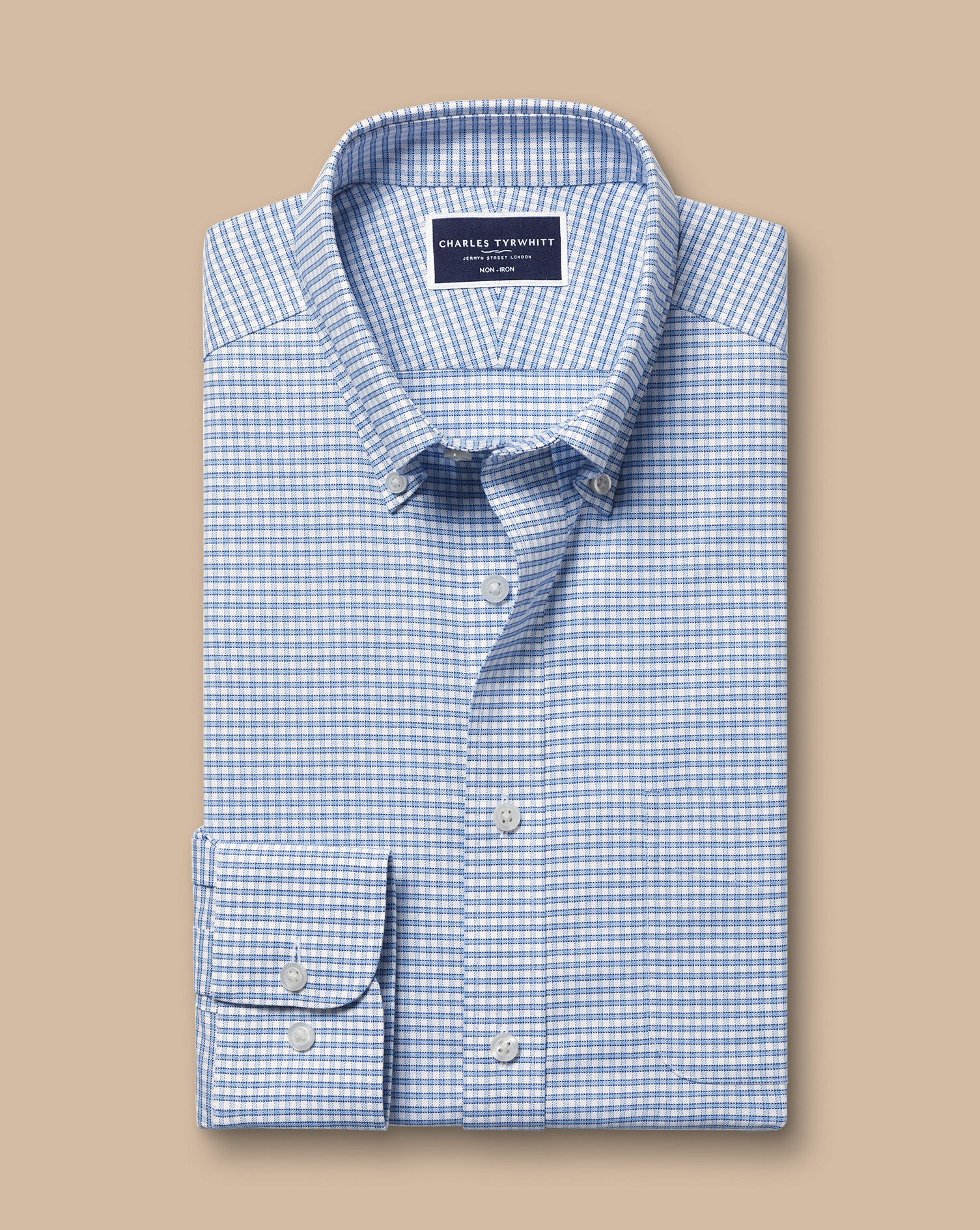 Button-Down Collar Non-Iron Stretch Oxford Check Shirt - Ocean Blue