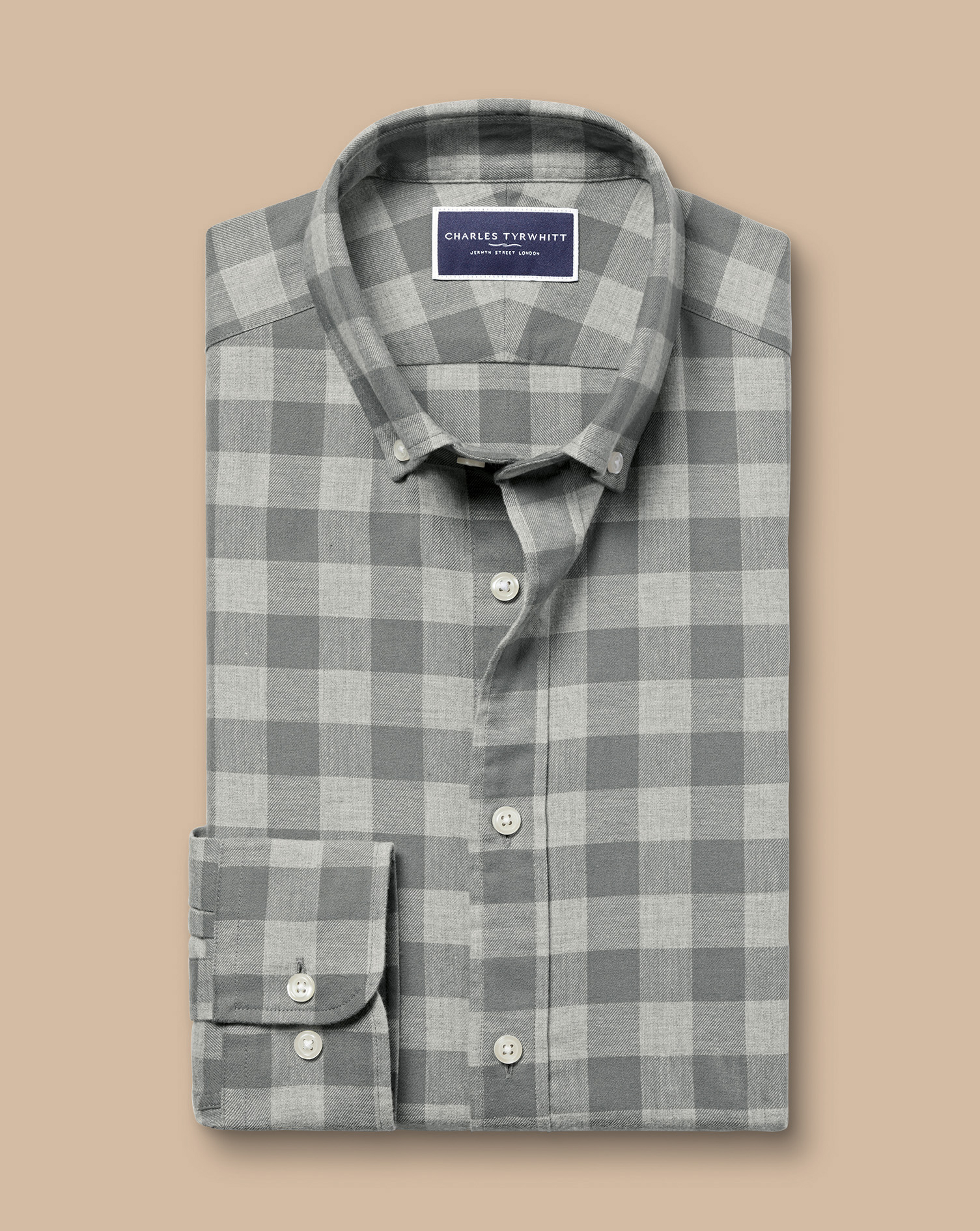 Button-Down Collar Brushed Flannel Gingham Shirt - Light Grey