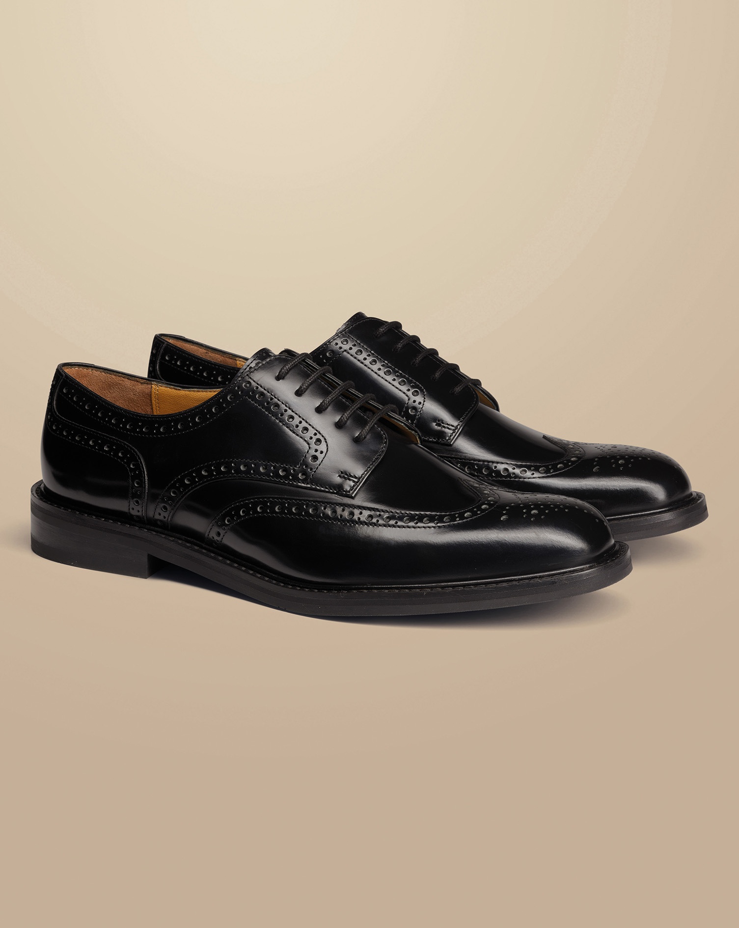 High Shine Leather Derby Brogue Rubber Sole Shoe - Black