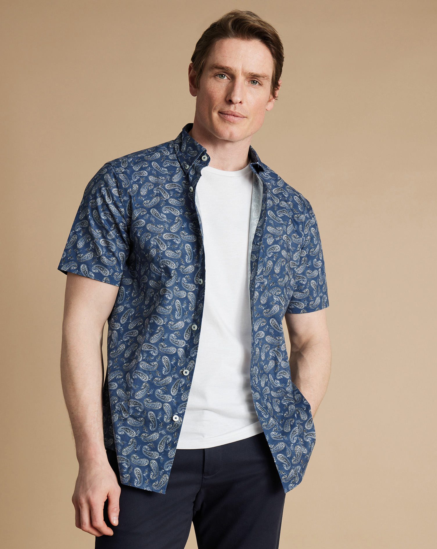 Non-Iron Stretch Paisley Print Short Sleeve Shirt - Indigo Blue