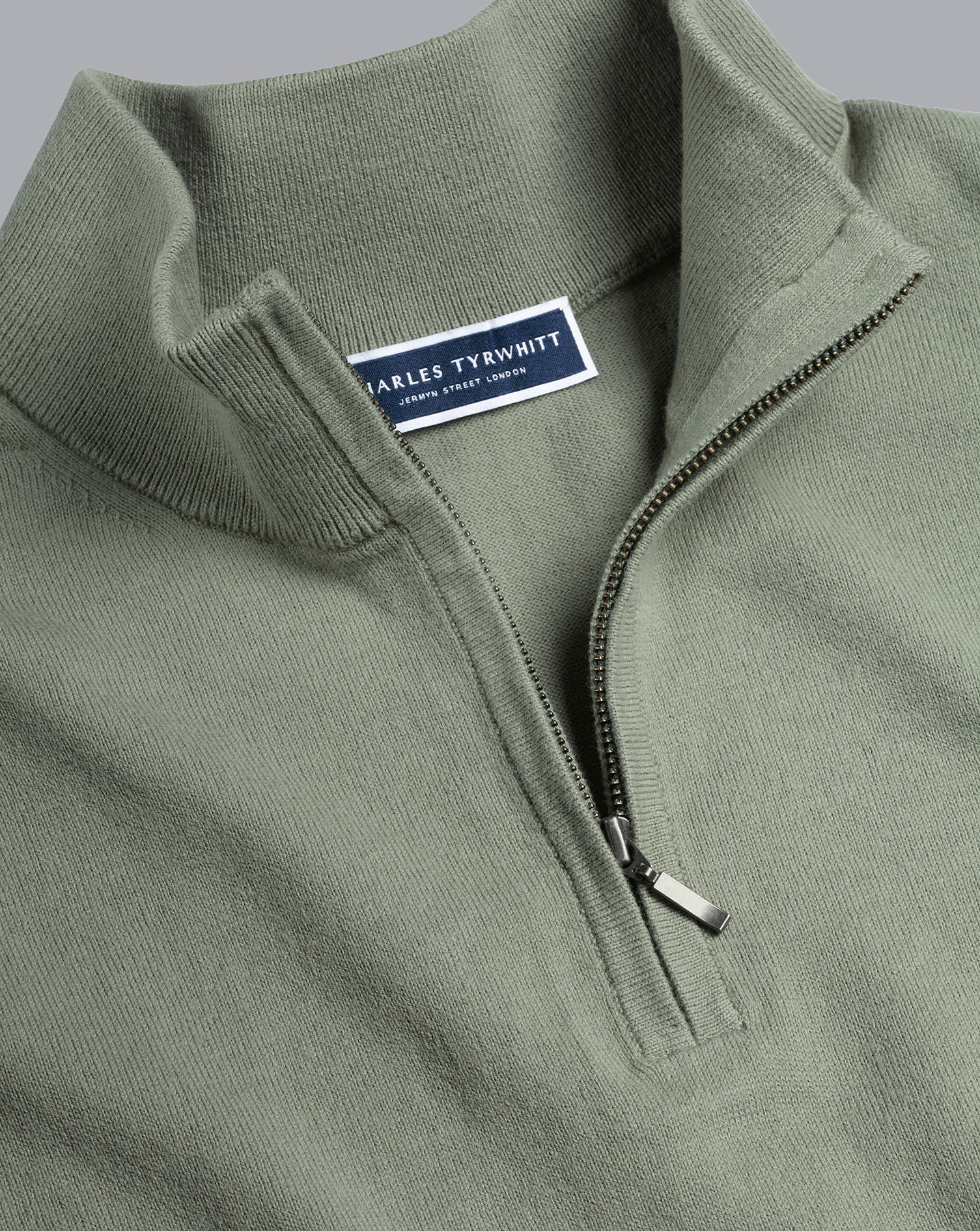 Combed Cotton Zip Neck Jumper - Sage Green