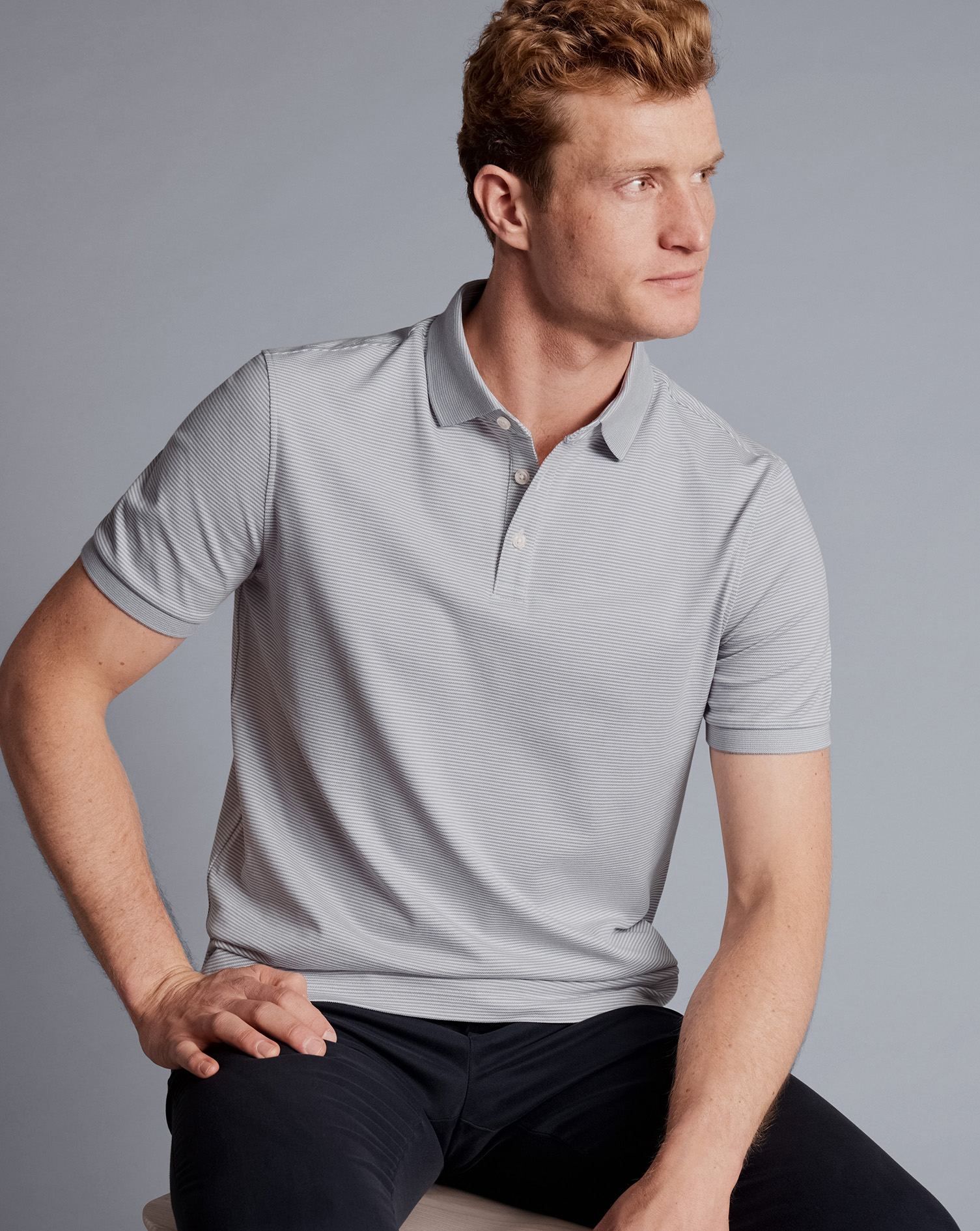 Striped Tyrwhitt Pique Polo - Light Grey