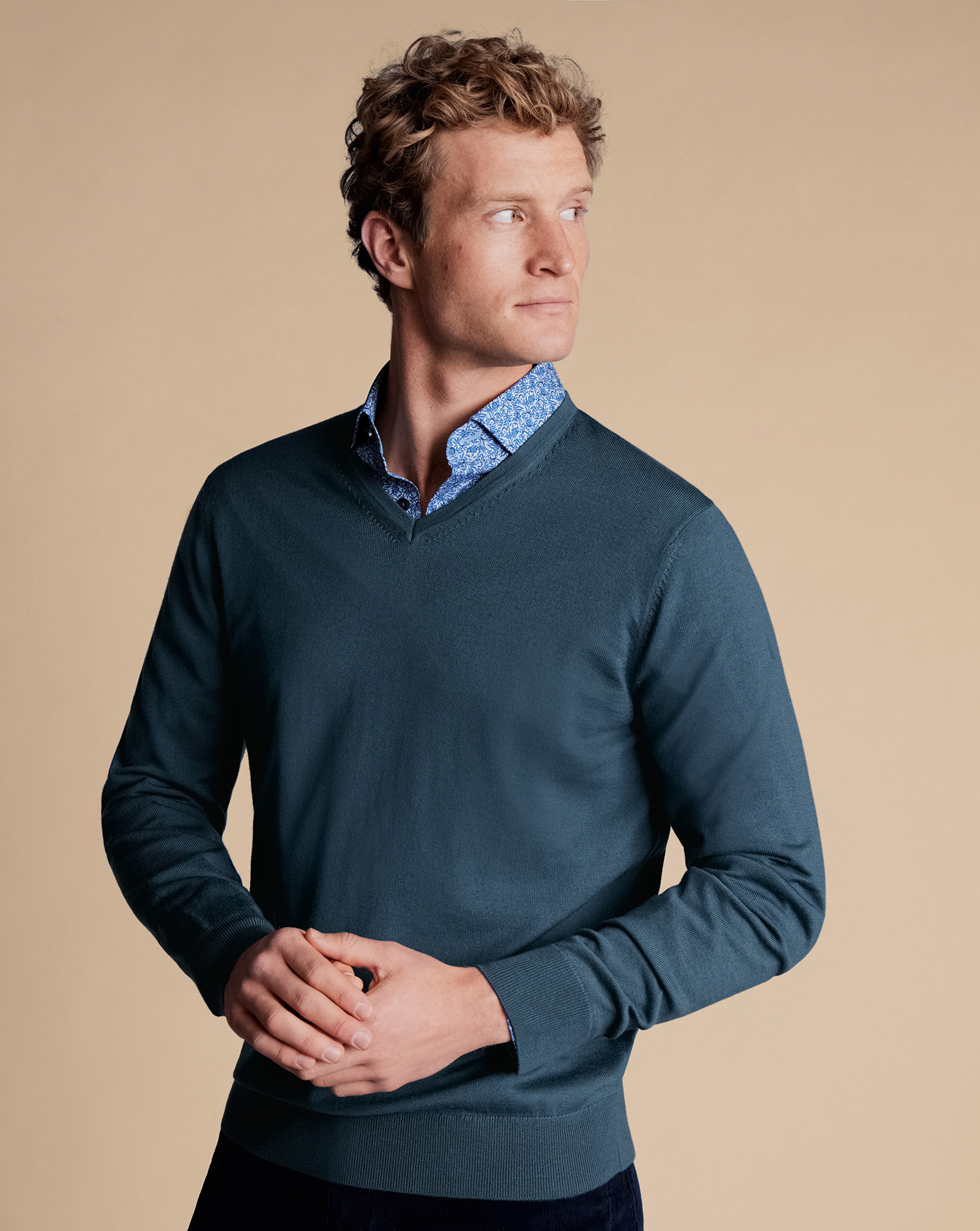 Merino V-Neck Sweater - Petrol Blue | Charles Tyrwhitt