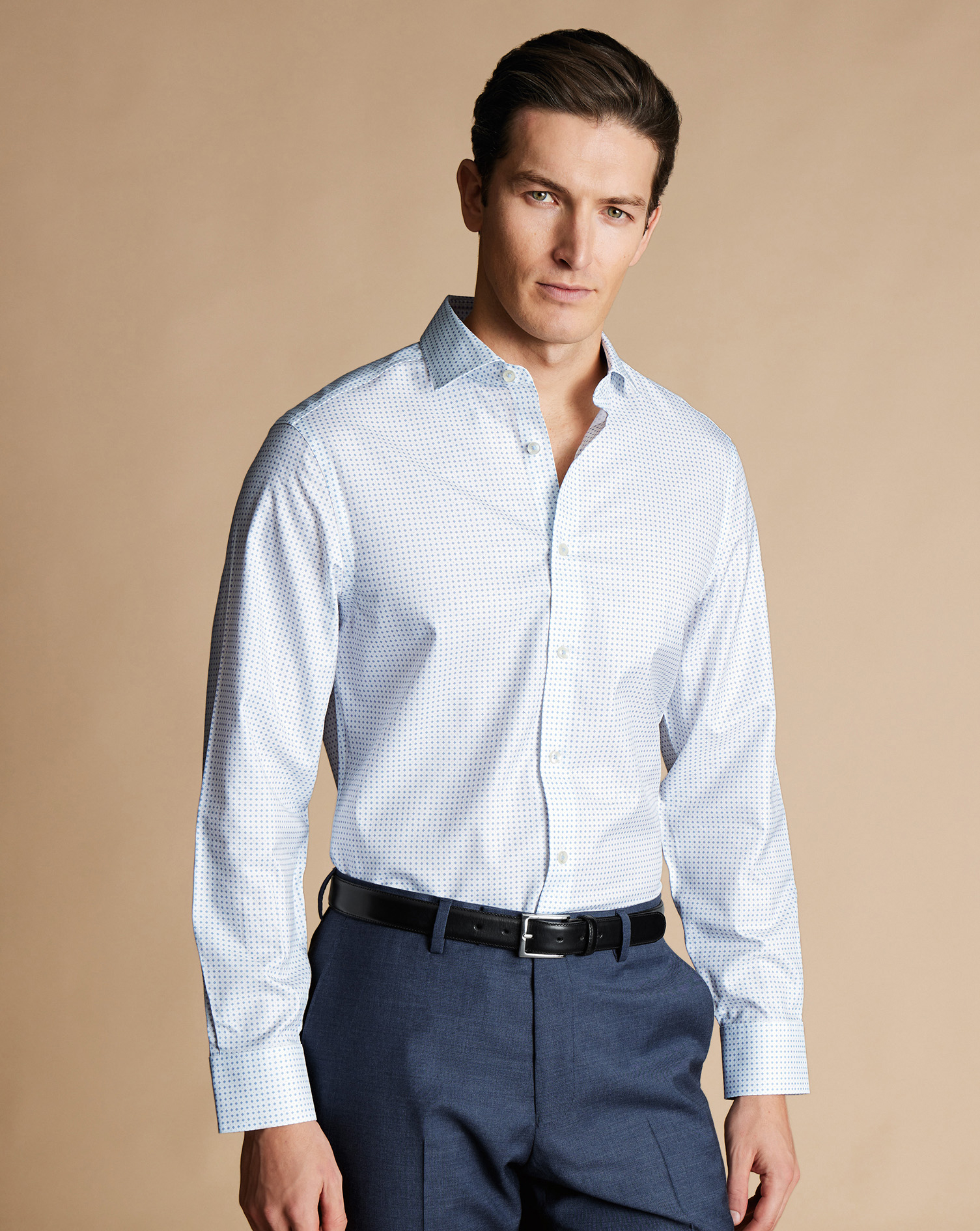 Shop Charles Tyrwhitt Men's  Semi-cutaway Collar Non-iron Micro Geo Twill Print Shirt In Blue