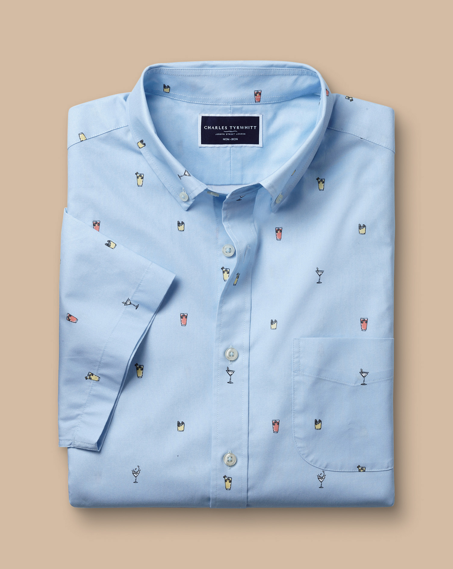 Non-Iron Cocktail Print Short Sleeve Shirt - Sky Blue