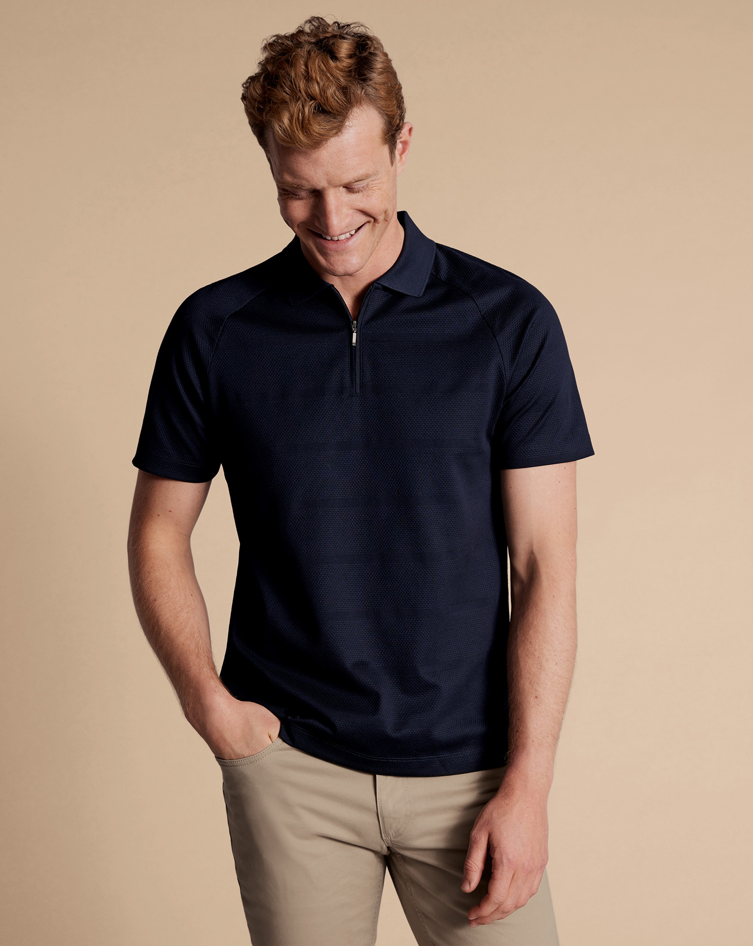 Striped Tyrwhitt Cool Zip-Neck Polo - Navy