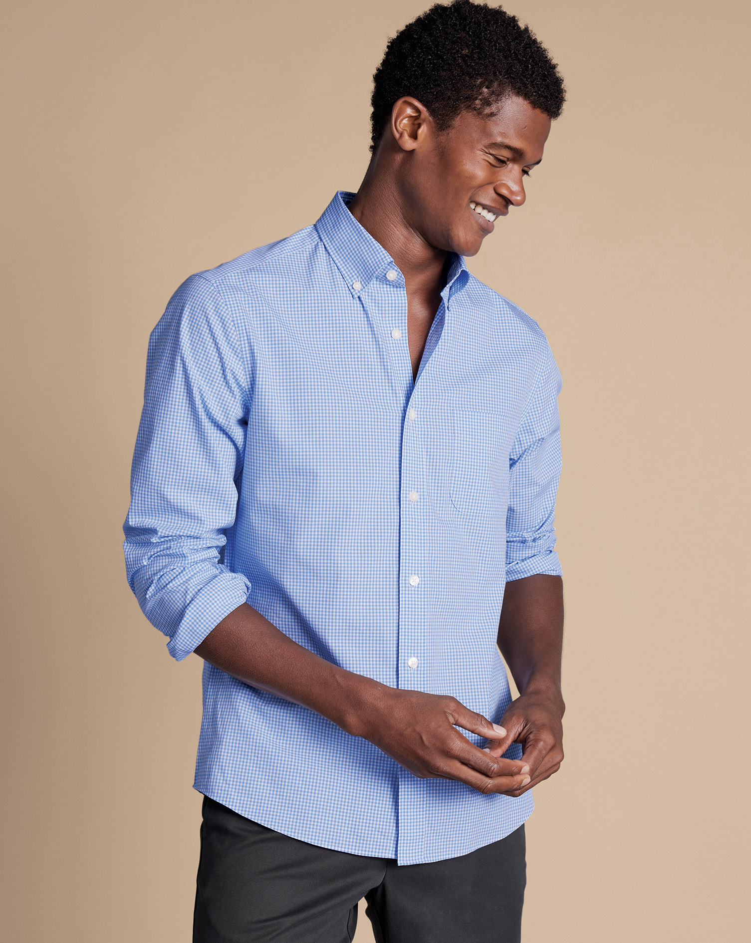 Button-Down Collar Non-Iron Stretch Poplin Mini Gingham Check Shirt - Ocean Blue