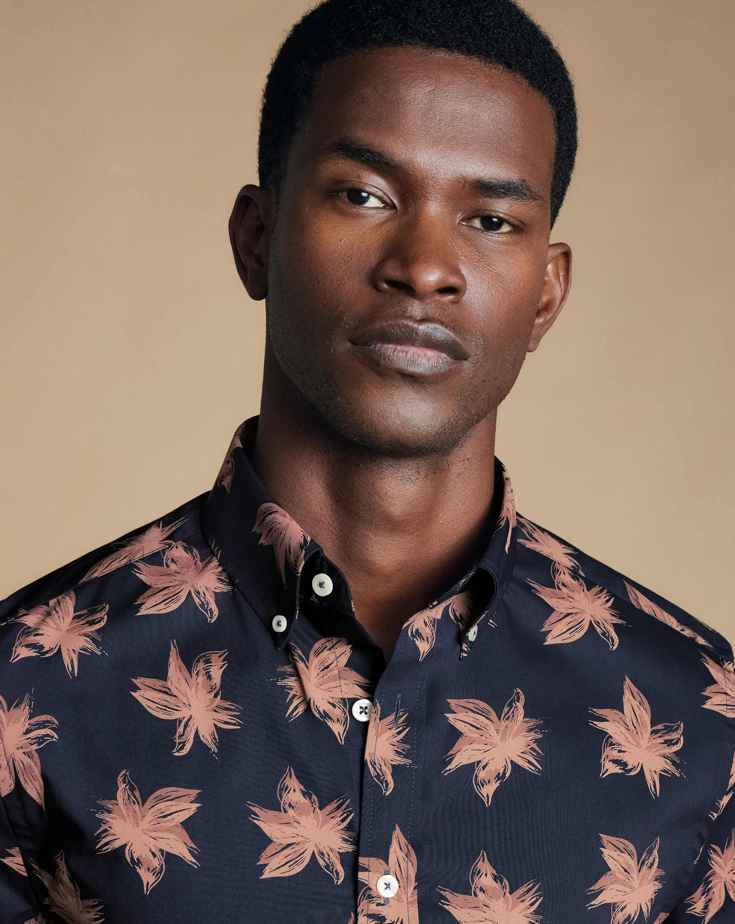 Non-Iron Large Floral Print Short Sleeve Shirt - Navy