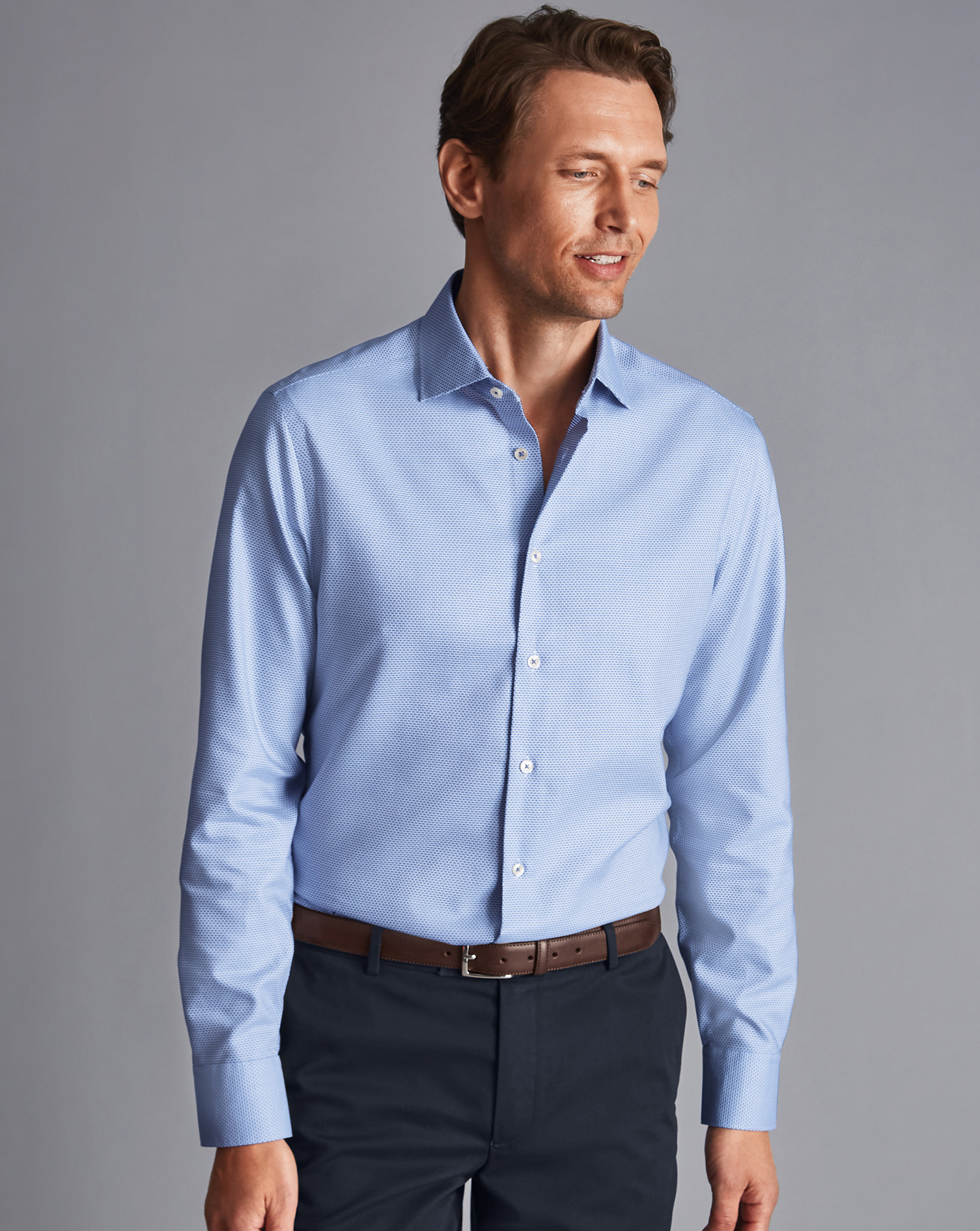 Semi-Cutaway Collar Non-Iron Stretch Texture Shirt - Sky