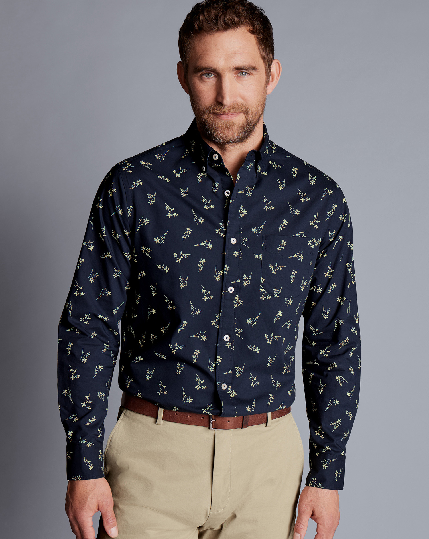 Button-Down Collar Non-Iron Floral Print Shirt - Stone