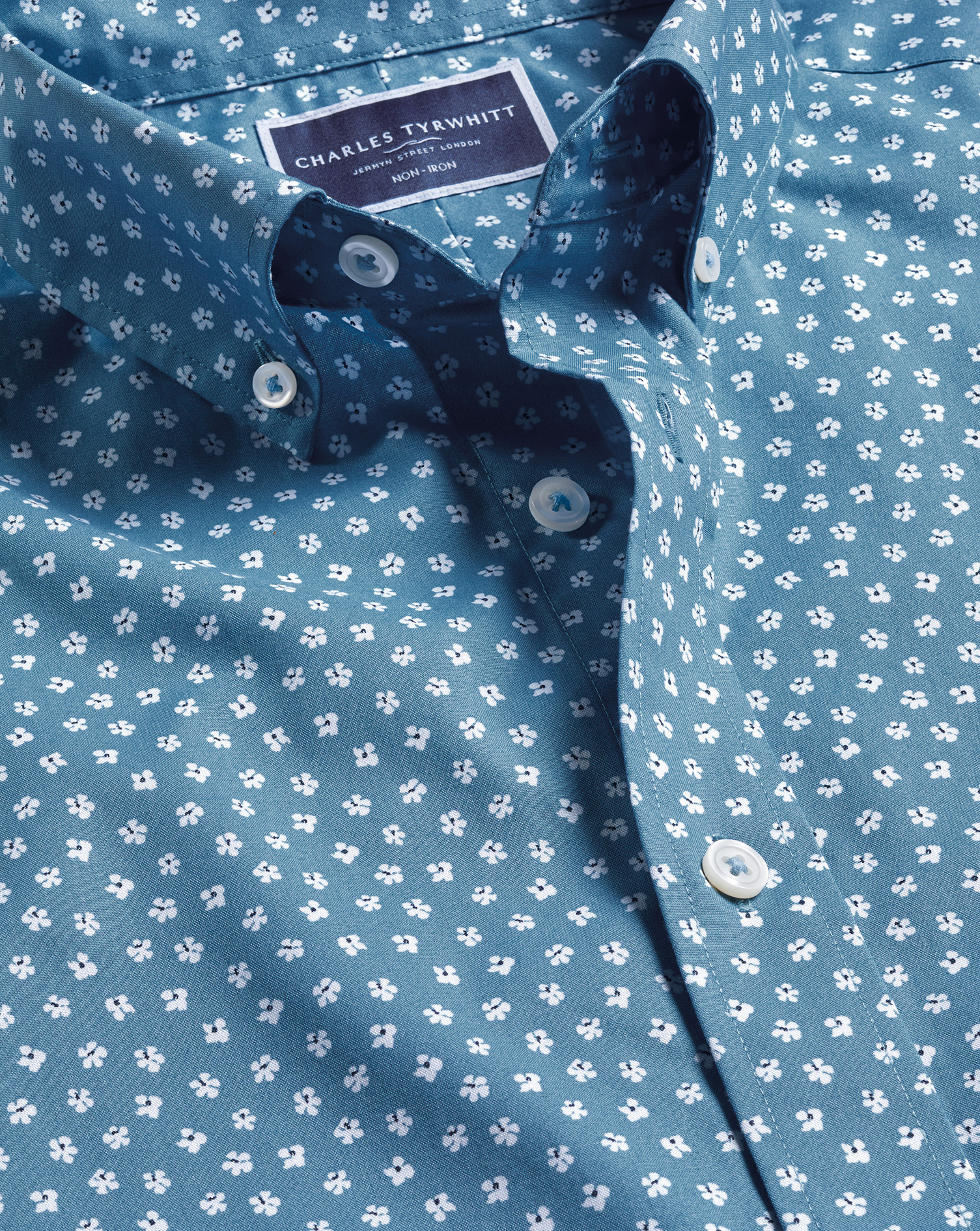 Button-Down Collar Non-Iron Stretch Floral Print Shirt - Mid Blue