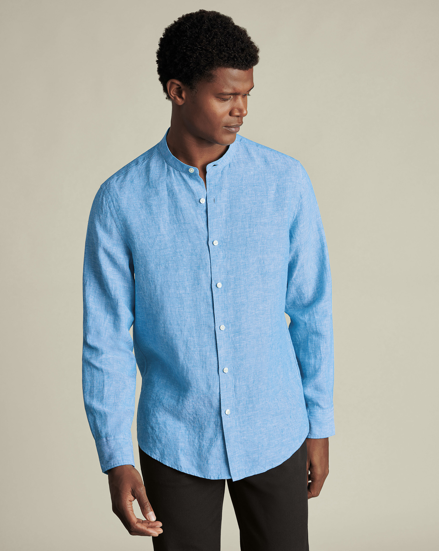 Collarless Pure Linen Shirt - Ocean Blue