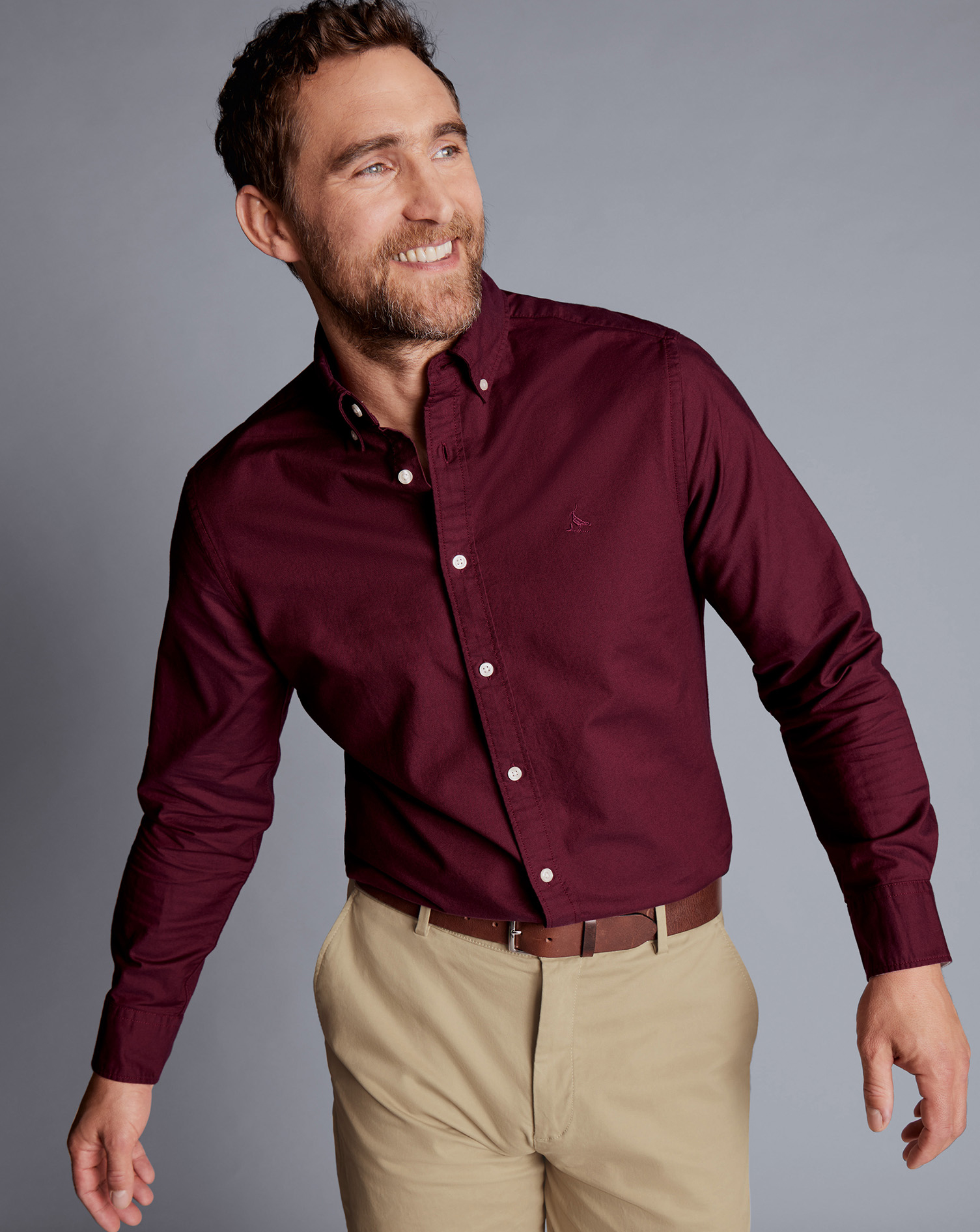 Button-Down Collar Washed Oxford Plain Shirt - Dark Red