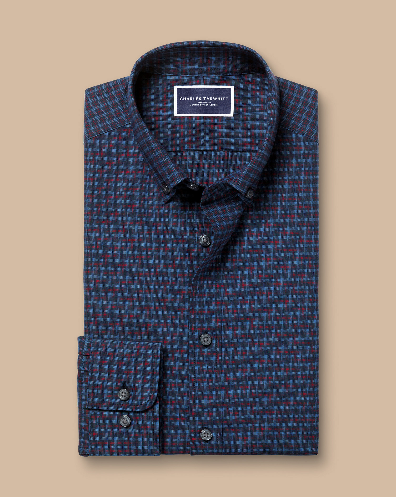 Button-Down Collar Brushed Cotton Twill Check Shirt - Indigo Blue & Red