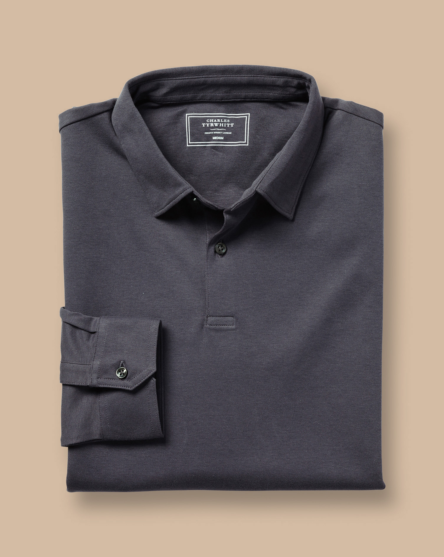 Combed Cotton Long Sleeve Polo - Dark Grey