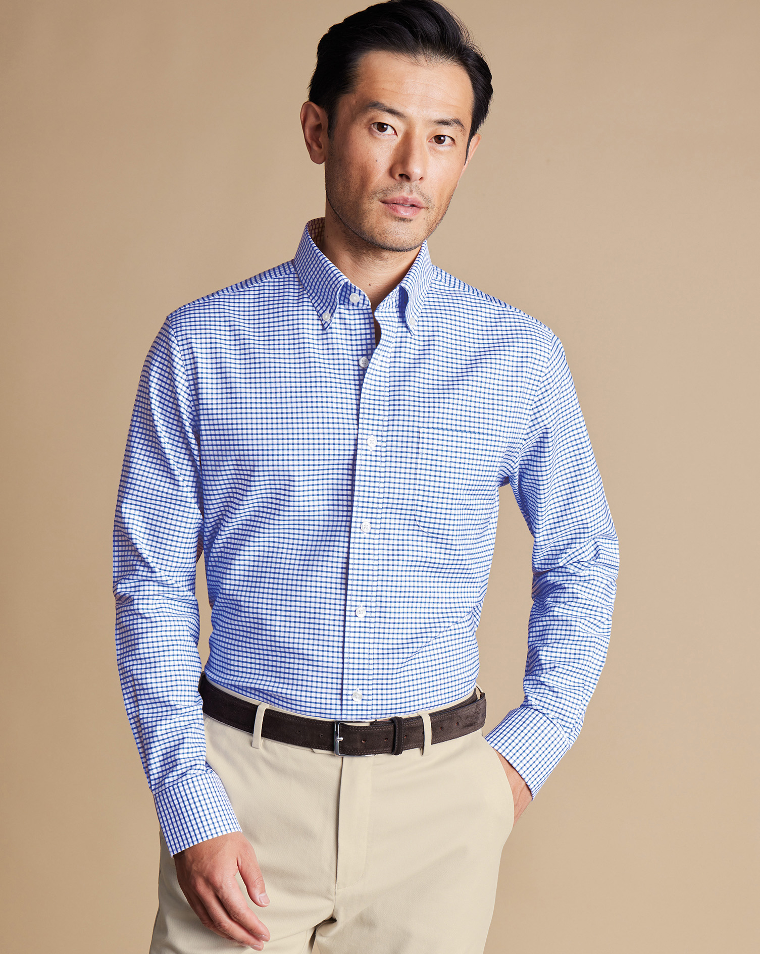 Button-Down Collar Non-Iron Stretch Check Oxford Shirt - Cornflower Blue