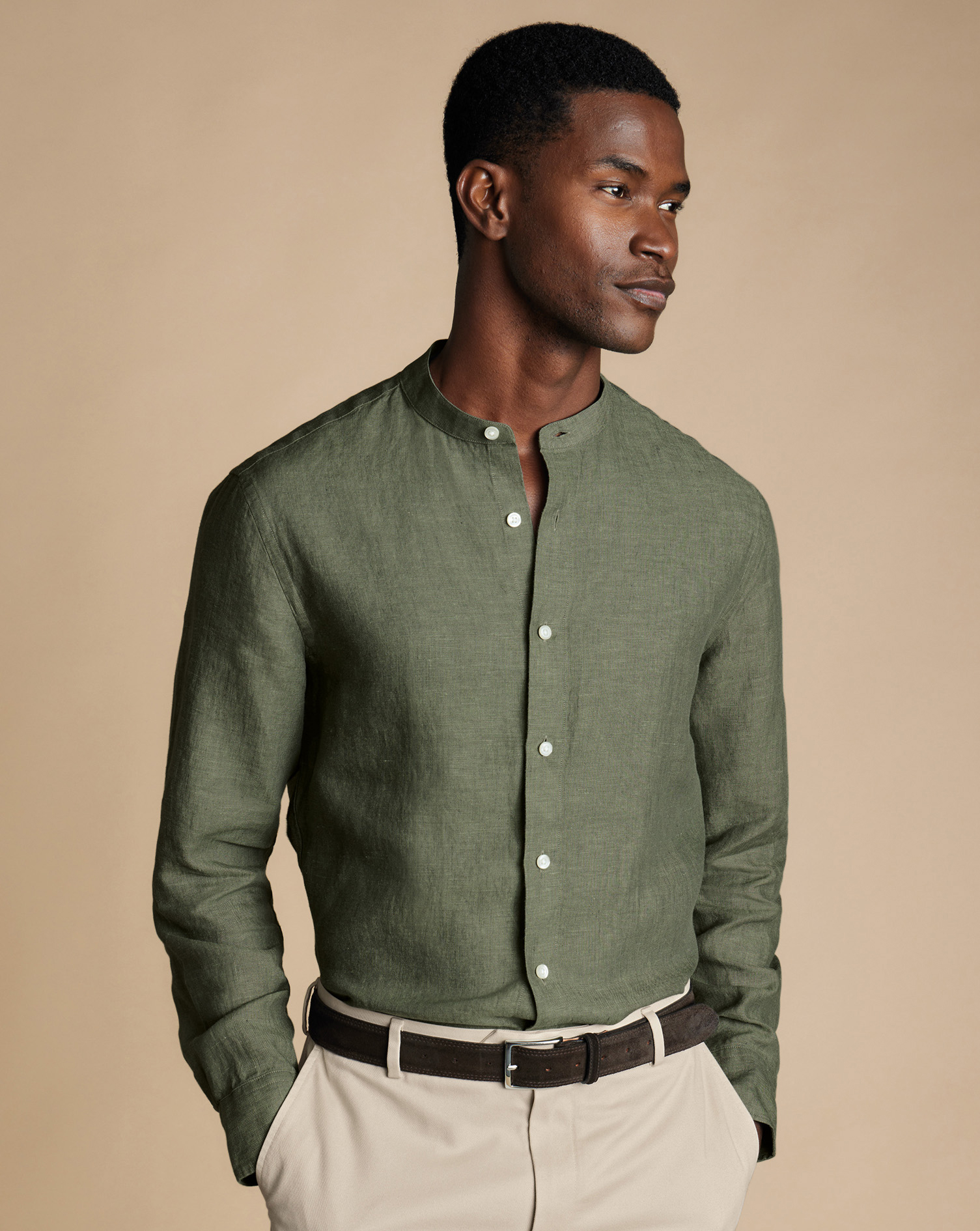 Collarless Pure Linen Shirt - Olive Green