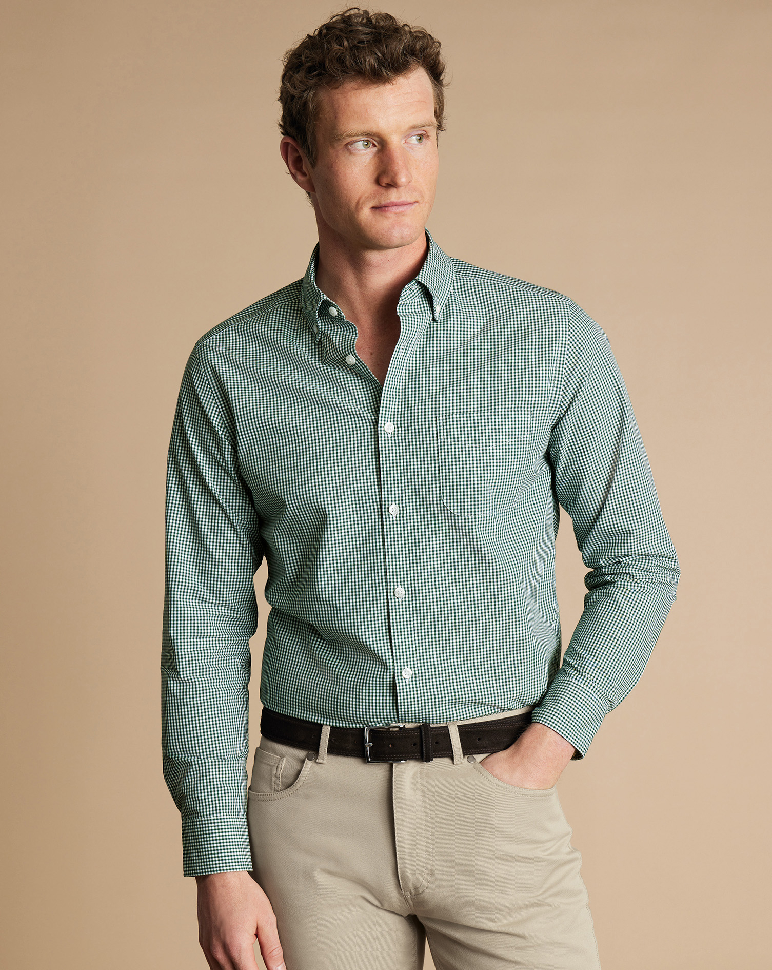 Button-Down Collar Non-Iron Stretch Poplin Mini Gingham Shirt - Green