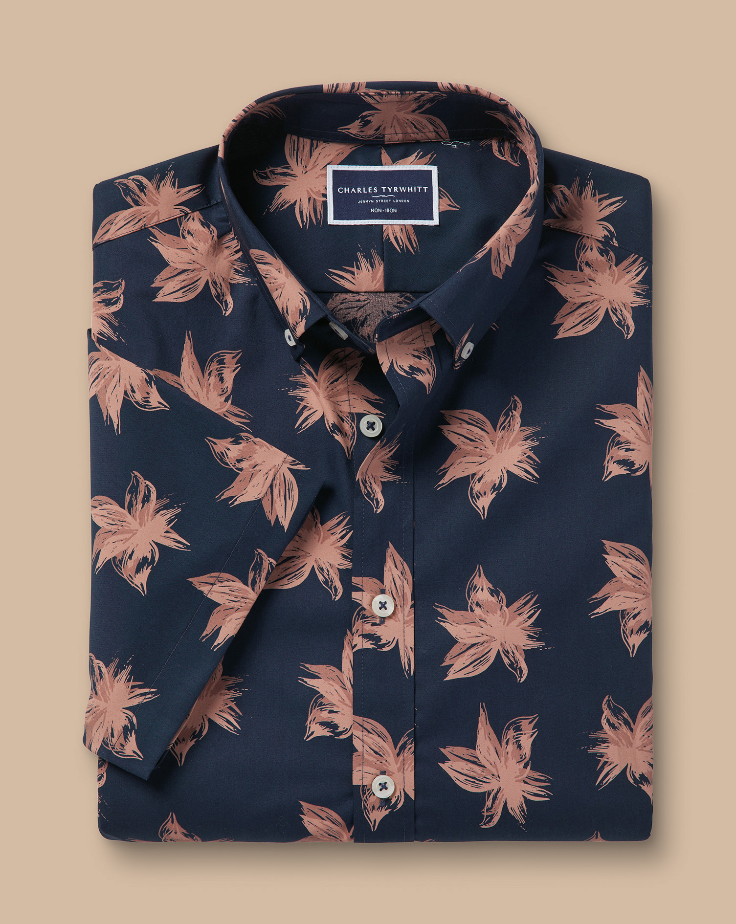 Non-Iron Large Floral Print Short Sleeve Shirt - Navy