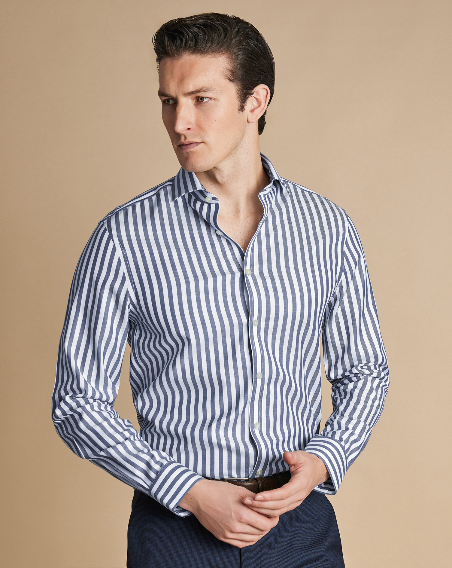 Cutaway Collar Non-Iron Twill Wide Stripe Shirt - Royal Blue