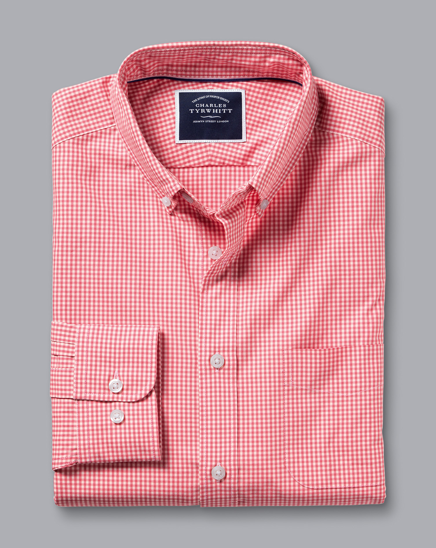 Button-Down Collar Non-Iron Stretch Poplin Mini Gingham Shirt - Bright Pink