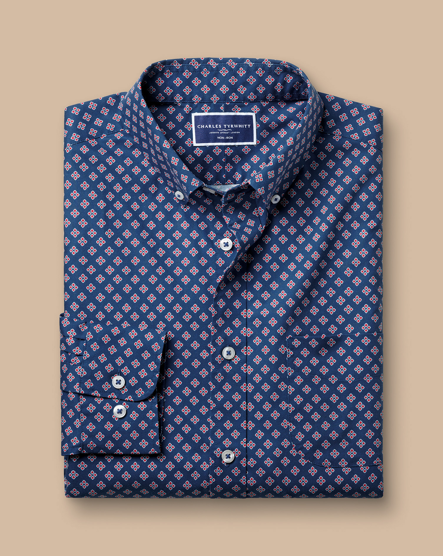 Button-Down Collar Non-Iron Stretch Diamond Print Shirt - Indigo Blue