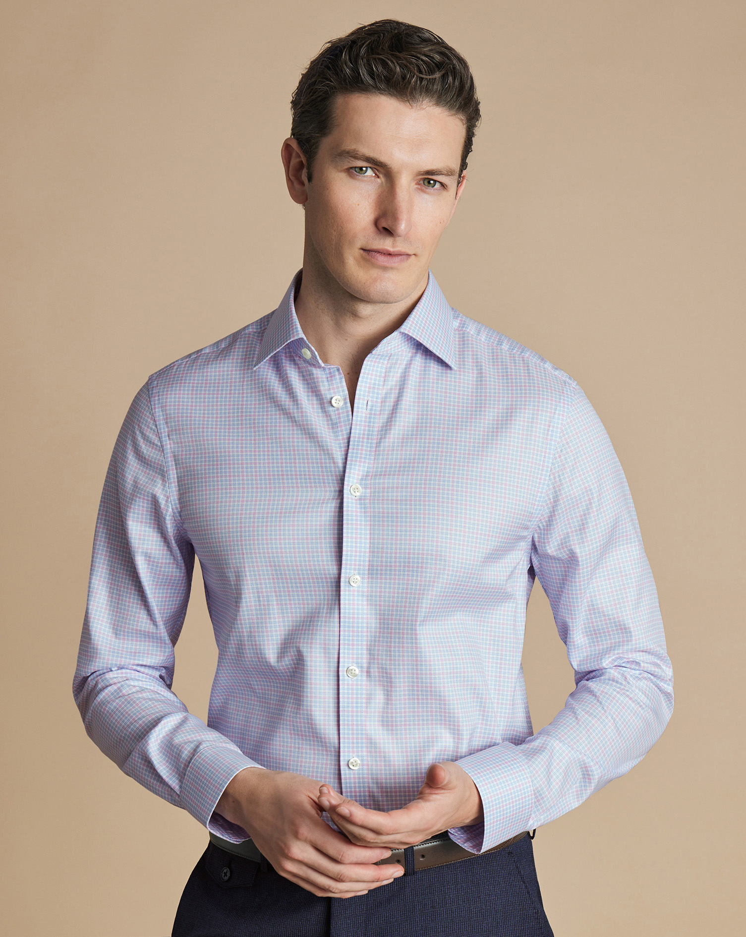 Semi-Cutaway Egyptian Cotton Multi Check Shirt - Pink