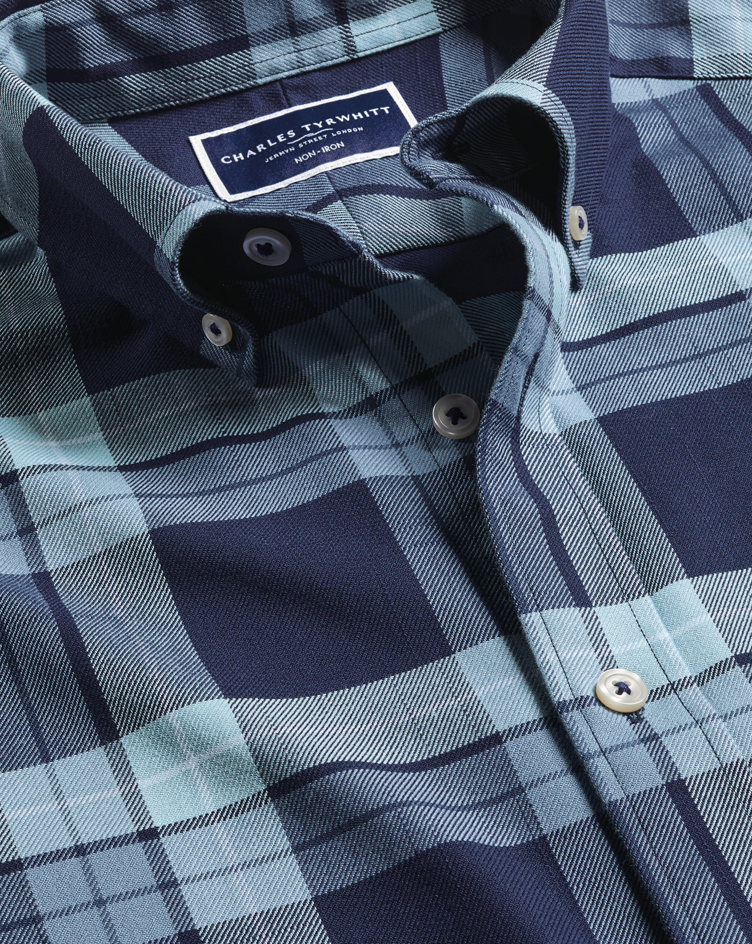 Button-Down Collar Non-Iron Twill Large Check Shirt - Denim Blue