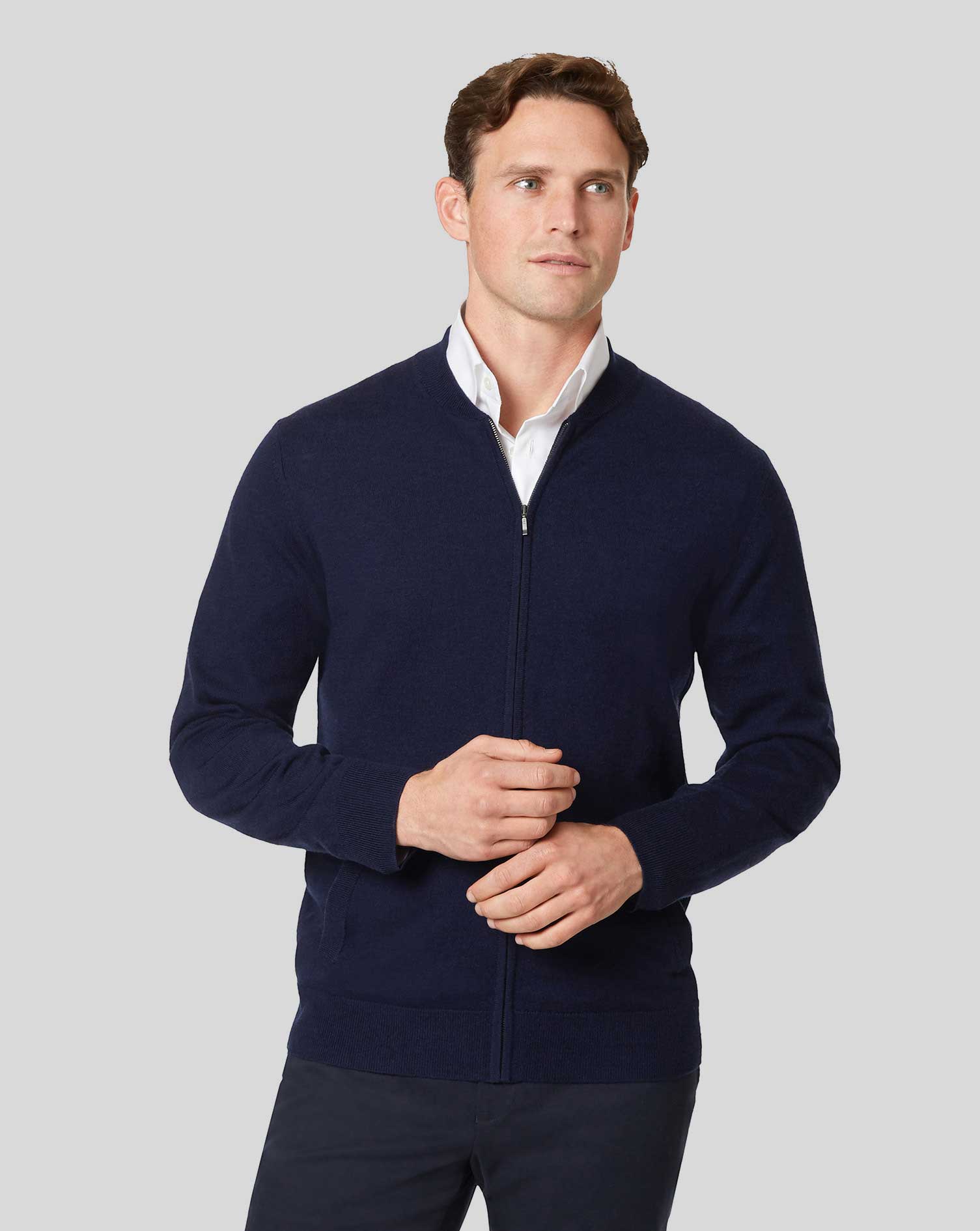 Merino Zip Through Bomber Jacket - Navy