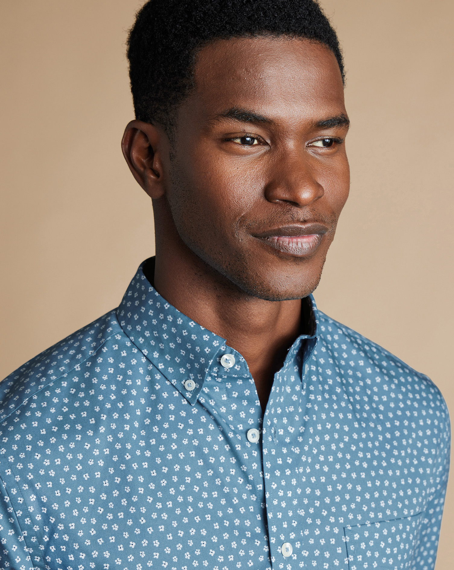 Button-Down Collar Non-Iron Stretch Floral Print Shirt - Mid Blue