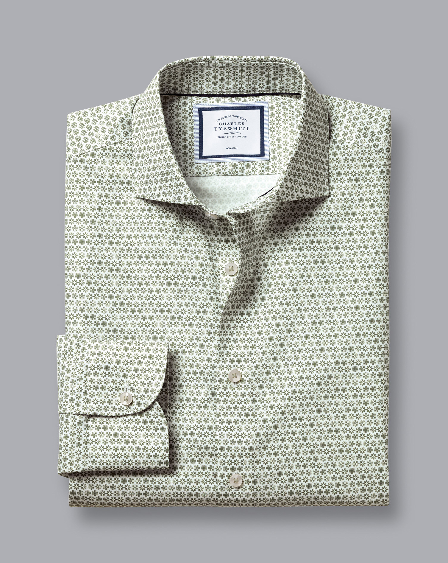 Semi-Cutaway Collar Non-Iron Decorative Print Shirt - Olive Green