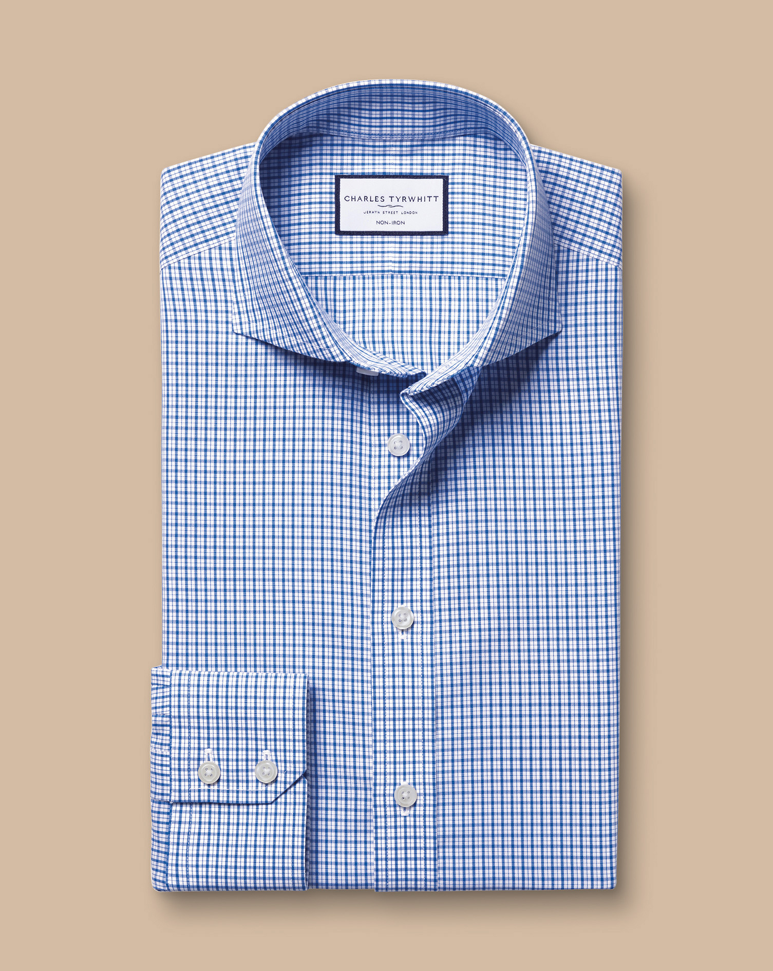 Cutaway Collar Non-Iron Poplin Grid Check Shirt - Cobalt Blue